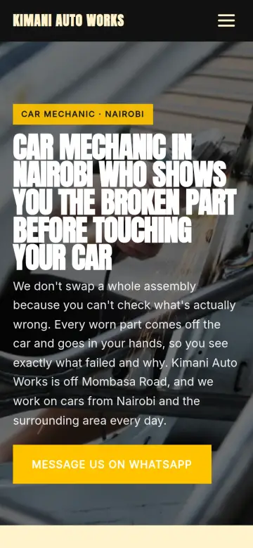 The Kimani Auto Works website on a phone